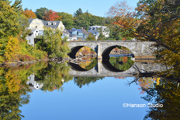 Henniker, NH - Stone Bridge Reflection with Houses from The New England College Bridge - Fall